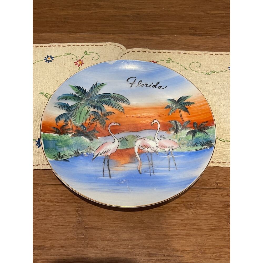 Vintage Hand Painted Florida Flamingos Souvenir State Tropical Plate